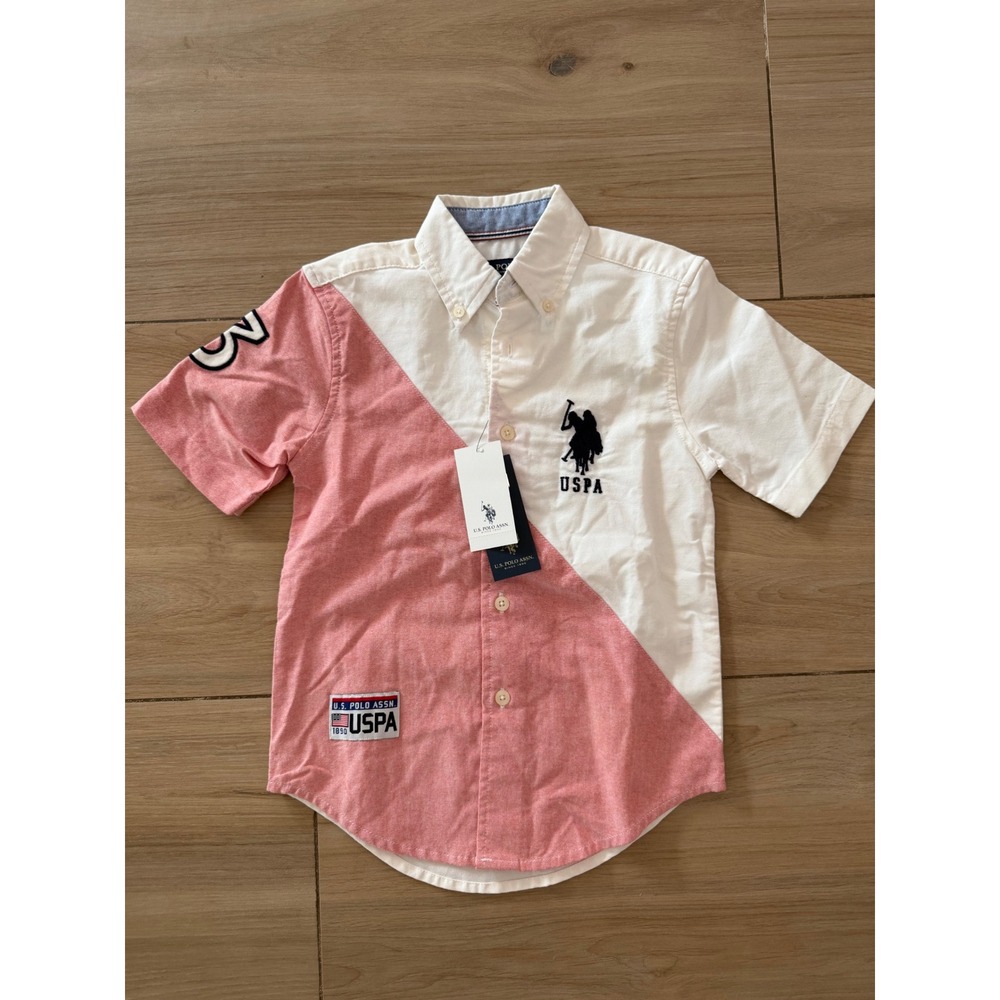 US Polo Assn Boys Colorblock Oxford Shirt Pink White Short Sleeve Size 4 XXS NWT